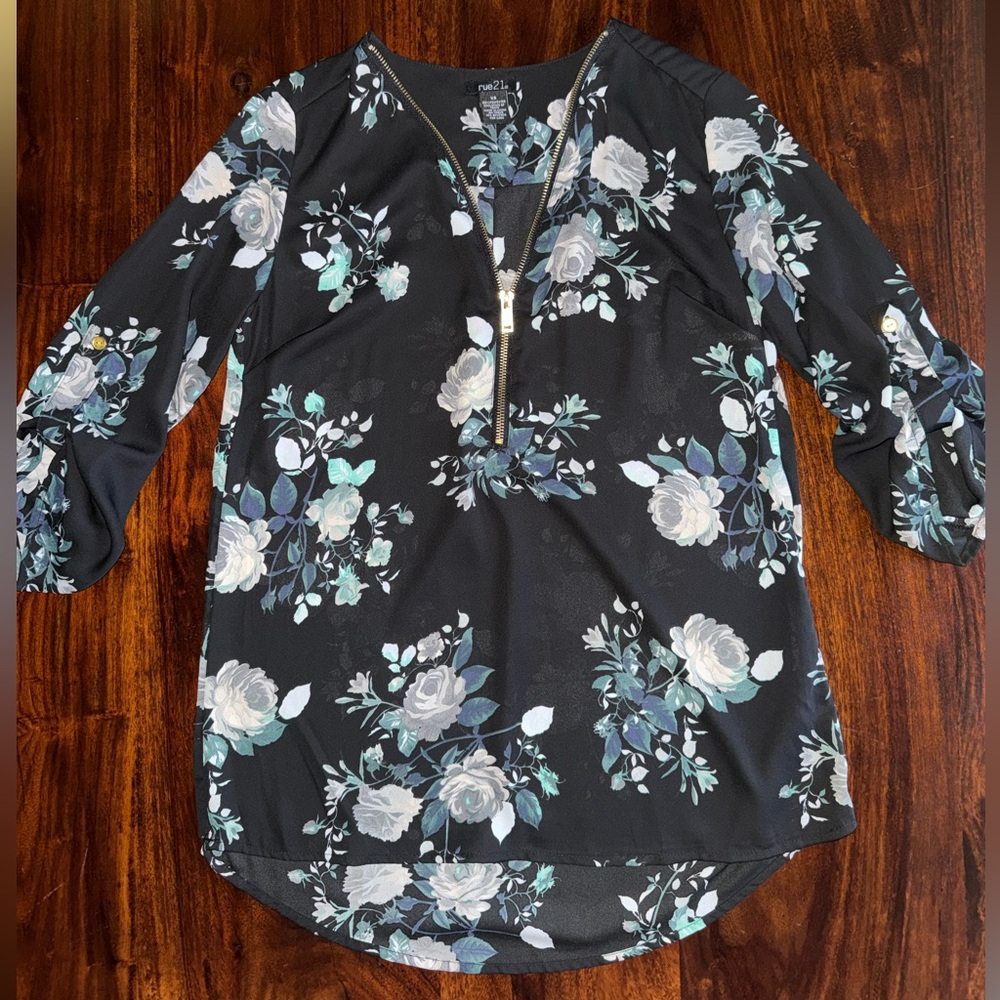 Rue21 Floral Zip-Neck Black Blouse